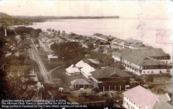 Note Atkinson Memorial Clock Tower (far left) in a magnificent looking Jesselton in the 1930s. Building at the bottom right is the present Sabah Tourism Board which escaped WWII bombings. 