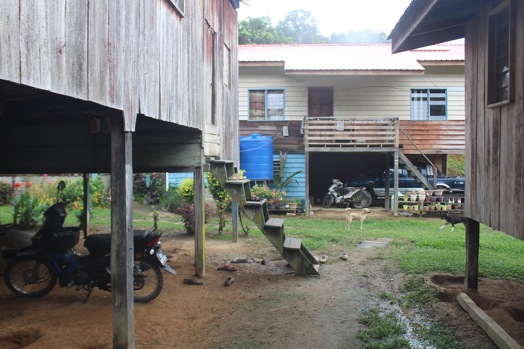 Kg Salinatan 的特写村庄场景。请注意典型的陡峭穆鲁特房屋楼梯。 