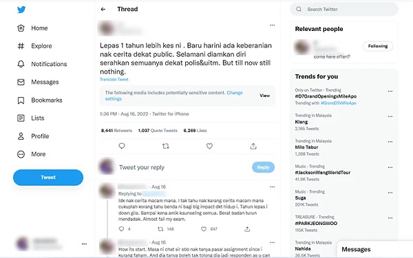 A screenshot of Farah Azuin Razak’s tweets alleging she had been sexually harassed by her lecturer. (Twitter pic)