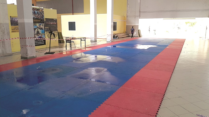 The state of the training area due to water leaking from the ceilings. 