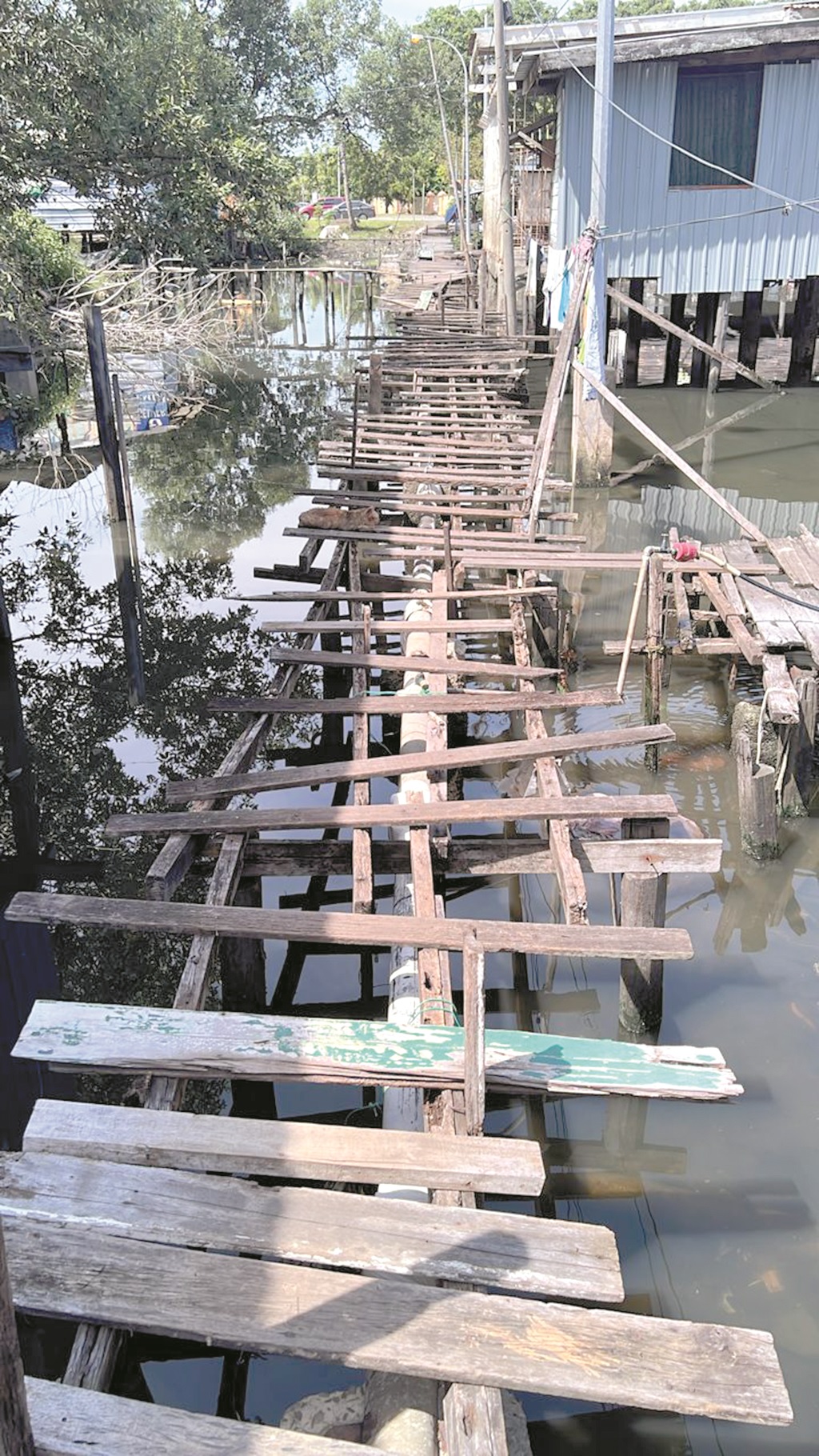 Makeshift wooden walkway built over water supply pipe.