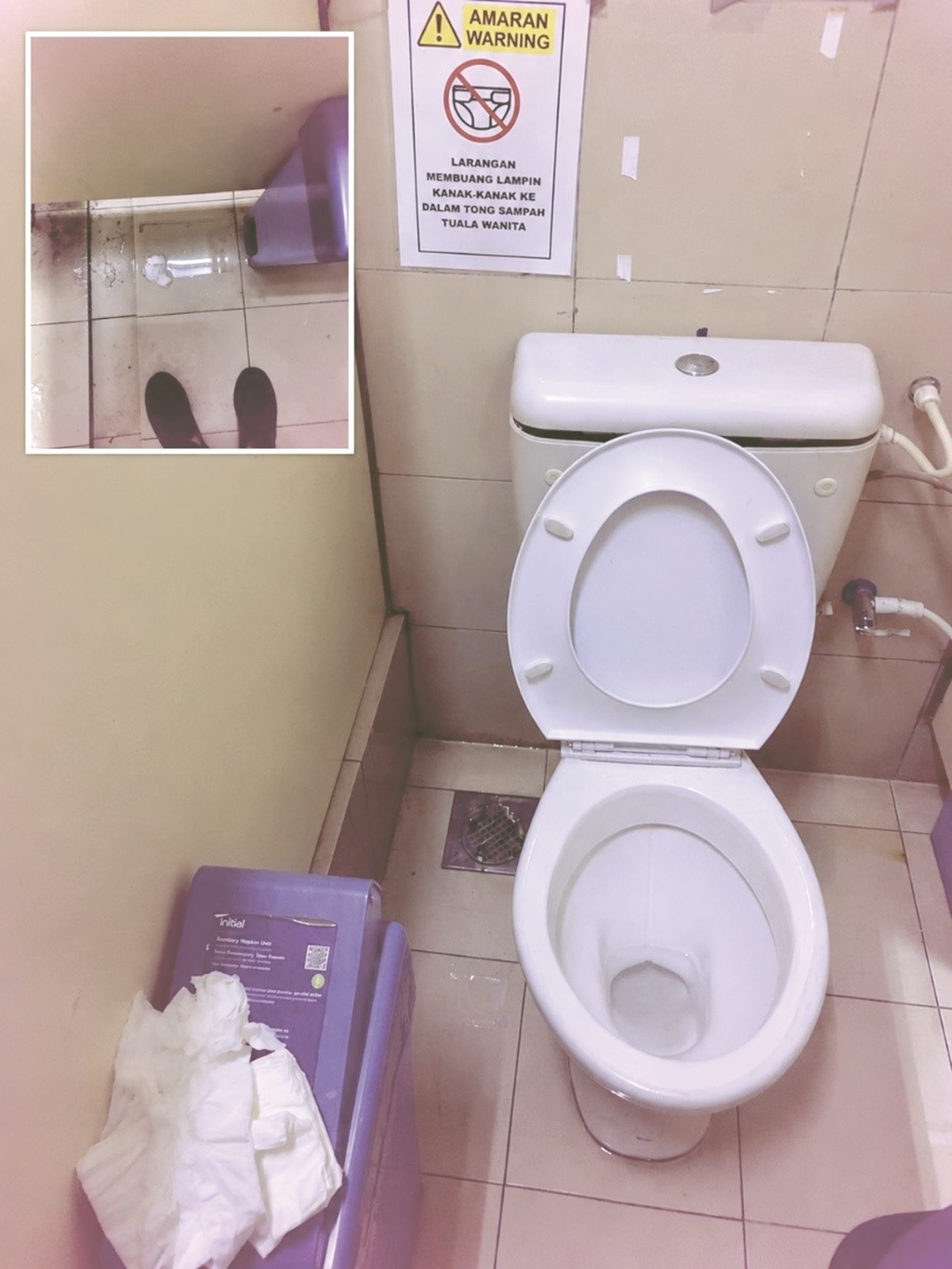 The condition of a public toilet at a shopping complex in Kolombong. Although the toilet bowl appears relatively clean, the wet, grimy floor (inset) and overflowing sanitary bin detract from the overall hygiene of the facility.