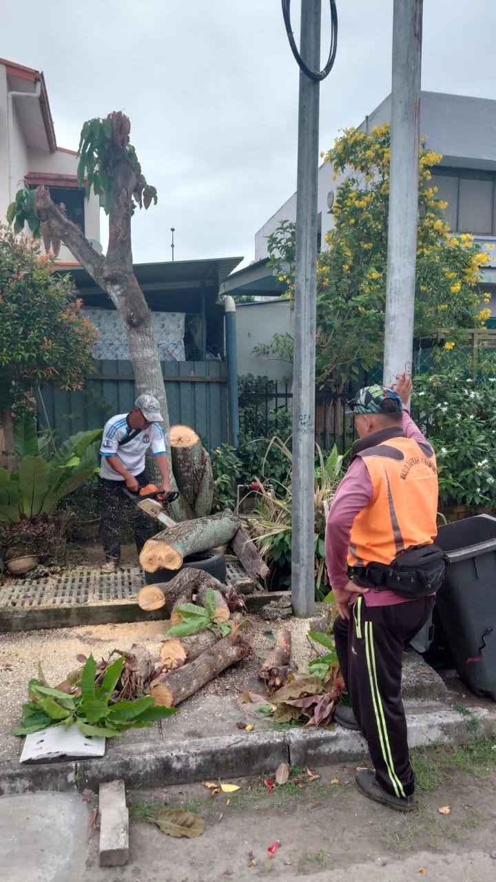 ANGGOTA pasukan Landskap memotong batang pokok ini di Taman Reservoir kepada beberapa bahagian lebih kecil bagi memudahkan kerja pembersihan.