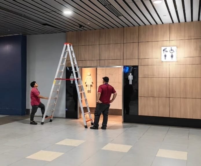 MAHB staff climbed up to check the space above the ceiling in the affected arrival hall at the KKIA.